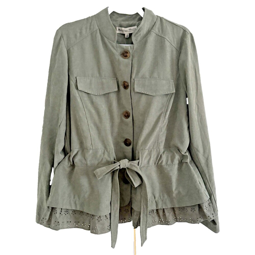 Heritage Charm Jacket Womens Size L Eyelet Ruffle Lace Boho Sage Green Artsy NWT